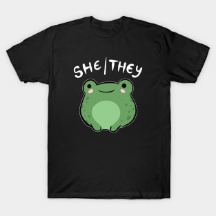 She/They Pronoun Frog: A Cute Ode to Nonbinary and Genderqueer Pride - A Kawaii Journey into the World of Neopronouns T-Shirt